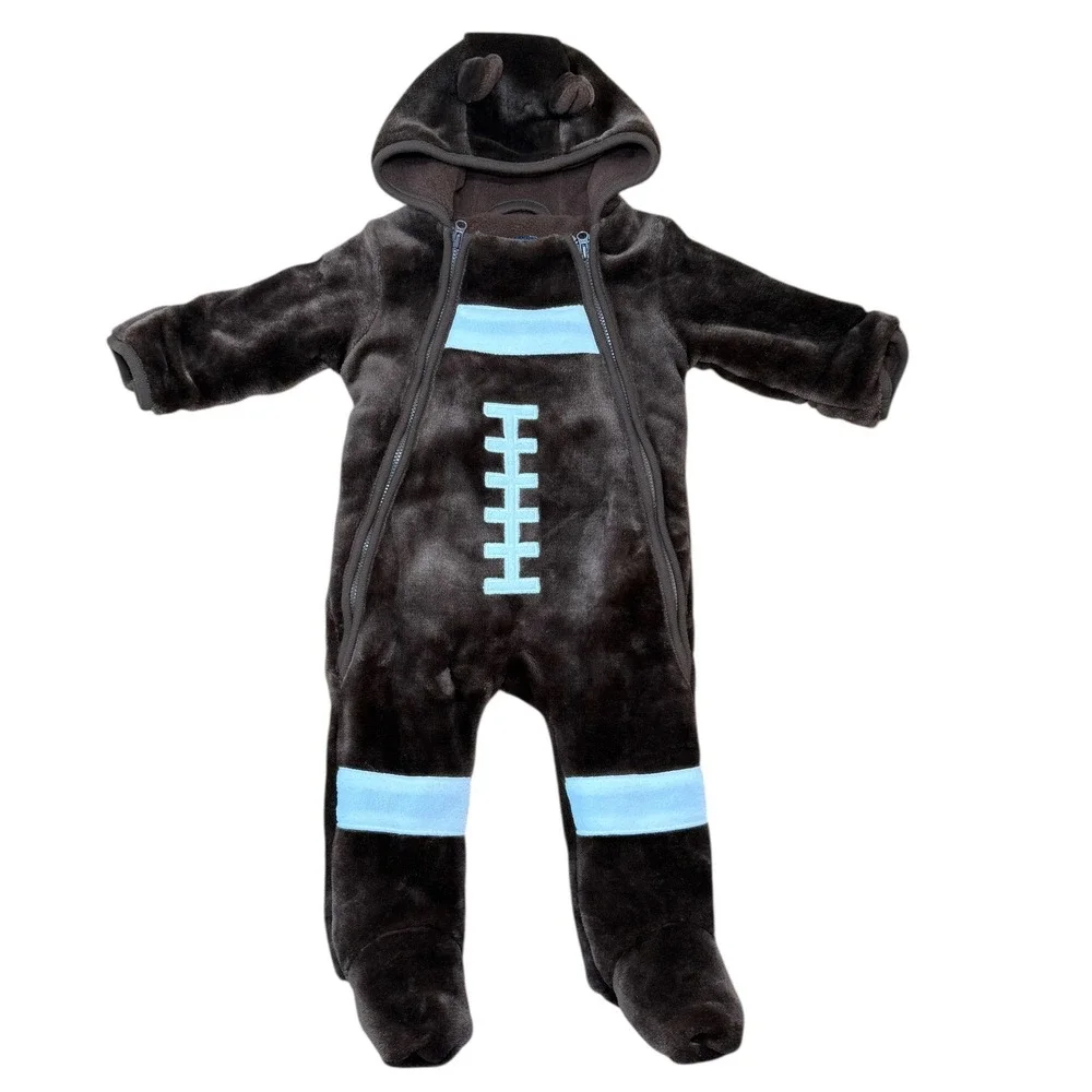 Baby‎ Football Fleece Hooded Bunting Snowsuit Brown Blue Cozy Plush 3-6 Months